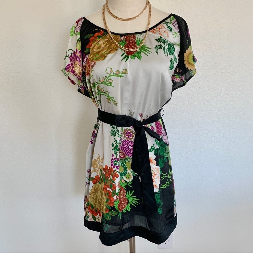 🌸 NWOT Peony Asian Floral Satin Ruffle Shoulder Mini Tie-Waist Belted Dress